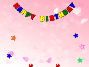 Happy Birthday GIF:chocolate Cake, flying flares on a pink background