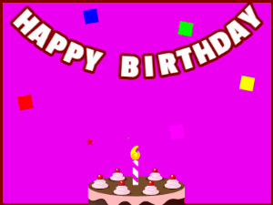 Happy Birthday GIF:A chocolate cake on purple with red border & falling squares