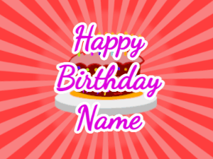 Happy Birthday GIF:red sunburst,cartoon cake, purple text