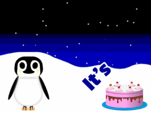 Happy Birthday GIF:Penguin: pink cake,pink text,% 3 fireworks