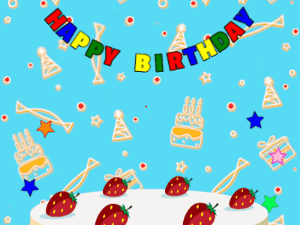 Happy Birthday GIF:cream Cake, flying hearts on a blue decor background