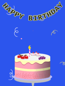 Happy Birthday GIF:Birthday GIF,fruity cake,blue background,hearts & confetti