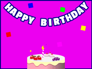 Happy Birthday GIF:A fruity cake on purple with blue border & falling hearts