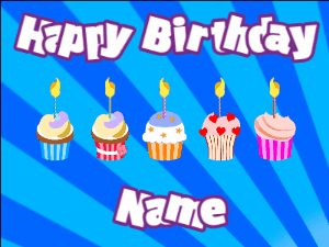 Happy Birthday GIF:Cupcakes for Birthday,blue sunburst background,white & purple text