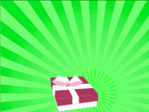 Happy Birthday GIF:burgundy Gift box, green sunburst, happy faces & cursive