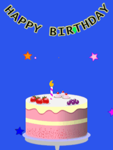 Happy Birthday GIF:Birthday GIF,fruity cake,blue background,hearts & stars