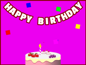 Happy Birthday GIF:A fruity cake on purple with red border & falling hearts