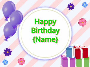 Happy Birthday GIF:purple Balloons, mix colors gift boxes, green text