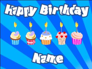 Happy Birthday GIF:Cupcakes for Birthday,blue sunburst background,white & navy text
