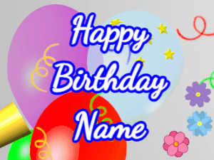 Happy Birthday GIF:Horn, stars, balloon, cursive, white, blue