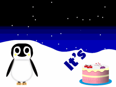 Happy Birthday, birthday-19730 @ Editable GIFs,Penguin: cartoon cake,blue text,% 3 fireworks