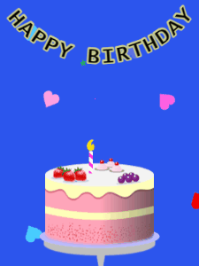 Happy Birthday GIF:Birthday GIF,fruity cake,blue background,hearts & hearts