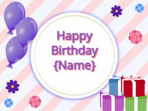 Happy Birthday GIF:purple Balloons, mix colors gift boxes, purple text