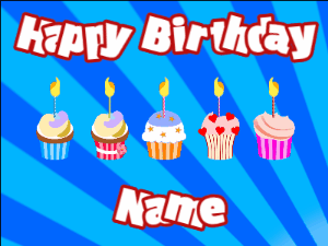 Happy Birthday GIF:Cupcakes for Birthday,blue sunburst background,white & red text