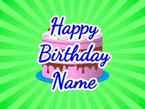 Happy Birthday GIF:green sunburst,pink cake, blue text