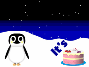 Happy Birthday GIF:Penguin: cartoon cake,blue text,% 3 fireworks