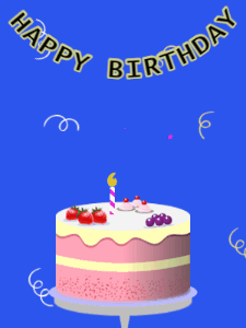 Happy Birthday GIF:Birthday GIF,fruity cake,blue background,stars & confetti