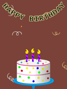 Happy Birthday GIF:Birthday GIF,candy cake,brown background,stars & confetti