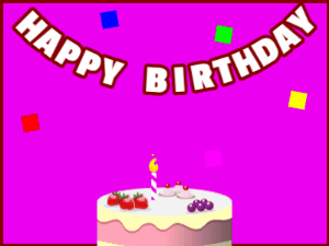 Happy Birthday GIF:A fruity cake on purple with red border & falling stars