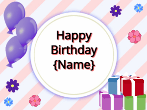Happy Birthday GIF:purple Balloons, mix colors gift boxes, black text