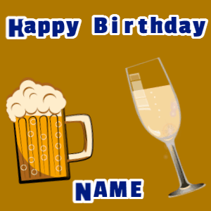 Happy Birthday GIF:Birthday gif, mug & champagne, flares fireworks, block text on orange