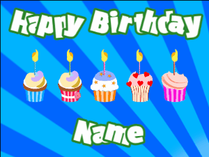 Happy Birthday GIF:Cupcakes for Birthday,blue sunburst background,white & green text