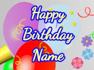 Happy Birthday GIF:Horn, stars, balloon, cursive, yellow, blue