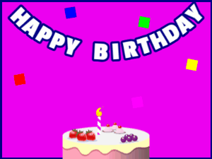 Happy Birthday GIF:A fruity cake on purple with blue border & falling squares