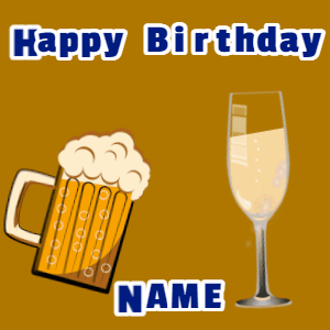 Happy Birthday GIF:Birthday gif, mug & champagne, hearts fireworks, block text on orange