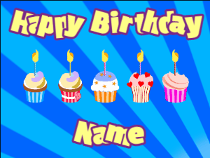Happy Birthday GIF:Cupcakes for Birthday,blue sunburst background,beige & purple text