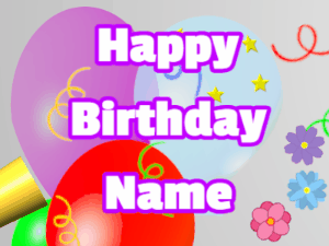 Happy Birthday GIF:Horn, stars, balloon, block, white, purple