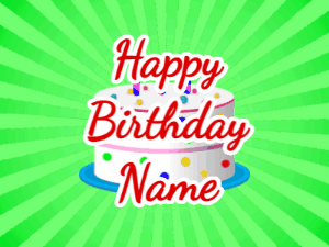 Happy Birthday GIF:green sunburst,candy cake, red text