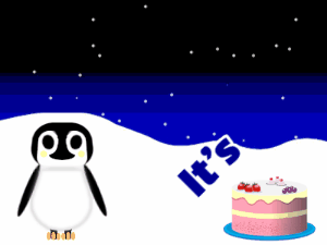 Happy Birthday GIF:Penguin: cartoon cake,green text,% 3 fireworks