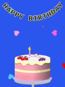 Happy Birthday GIF:Birthday GIF,fruity cake,blue background,stars & hearts