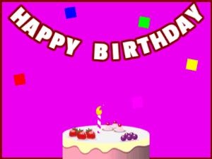 Happy Birthday GIF:A fruity cake on purple with red border & falling squares