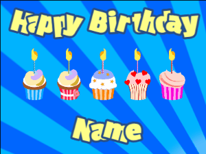 Happy Birthday GIF:Cupcakes for Birthday,blue sunburst background,beige & navy text