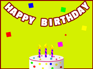 Happy Birthday GIF:A candy cake on green with red border & falling stars