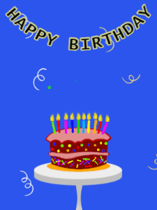 Happy Birthday GIF:Birthday GIF,cartoon cake,blue background,hearts & confetti