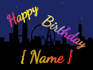 Happy Birthday GIF:City fireworks of hearts. Fonts block & block, & a rainbow texture