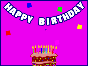 Happy Birthday GIF:A cartoon cake on purple with blue border & falling hearts