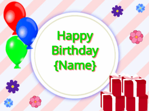 Happy Birthday GIF:mix colors Balloons, red gift boxes, green text