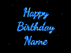 Happy Birthday GIF:heart fireworks,blue box, block font, sunburst animation