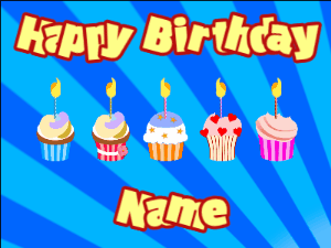 Happy Birthday GIF:Cupcakes for Birthday,blue sunburst background,beige & red text