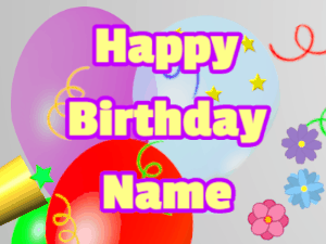 Happy Birthday GIF:Horn, stars, balloon, block, yellow, purple
