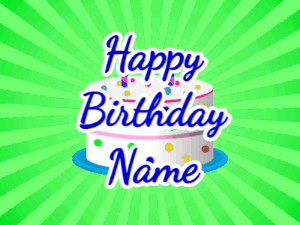 Happy Birthday GIF:green sunburst,candy cake, blue text