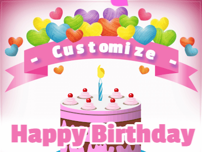 Pink animated happy birthday card with a cake, falling hearts, and a name and banner you can personalize.