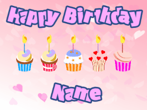 Happy Birthday GIF:Cupcakes for Birthday,pink hearts background,purple & navy text
