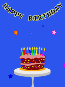 Happy Birthday GIF:Birthday GIF,cartoon cake,blue background,hearts & stars