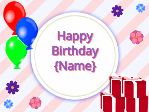 Happy Birthday GIF:mix colors Balloons, red gift boxes, purple text