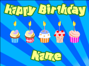 Happy Birthday GIF:Cupcakes for Birthday,blue sunburst background,beige & green text